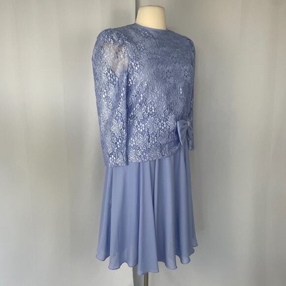 Vintage Cocktail Dress Size 14 Light Blue Lace Bow Puff Sleeve Formal Party Midi - Picture 6 of 16